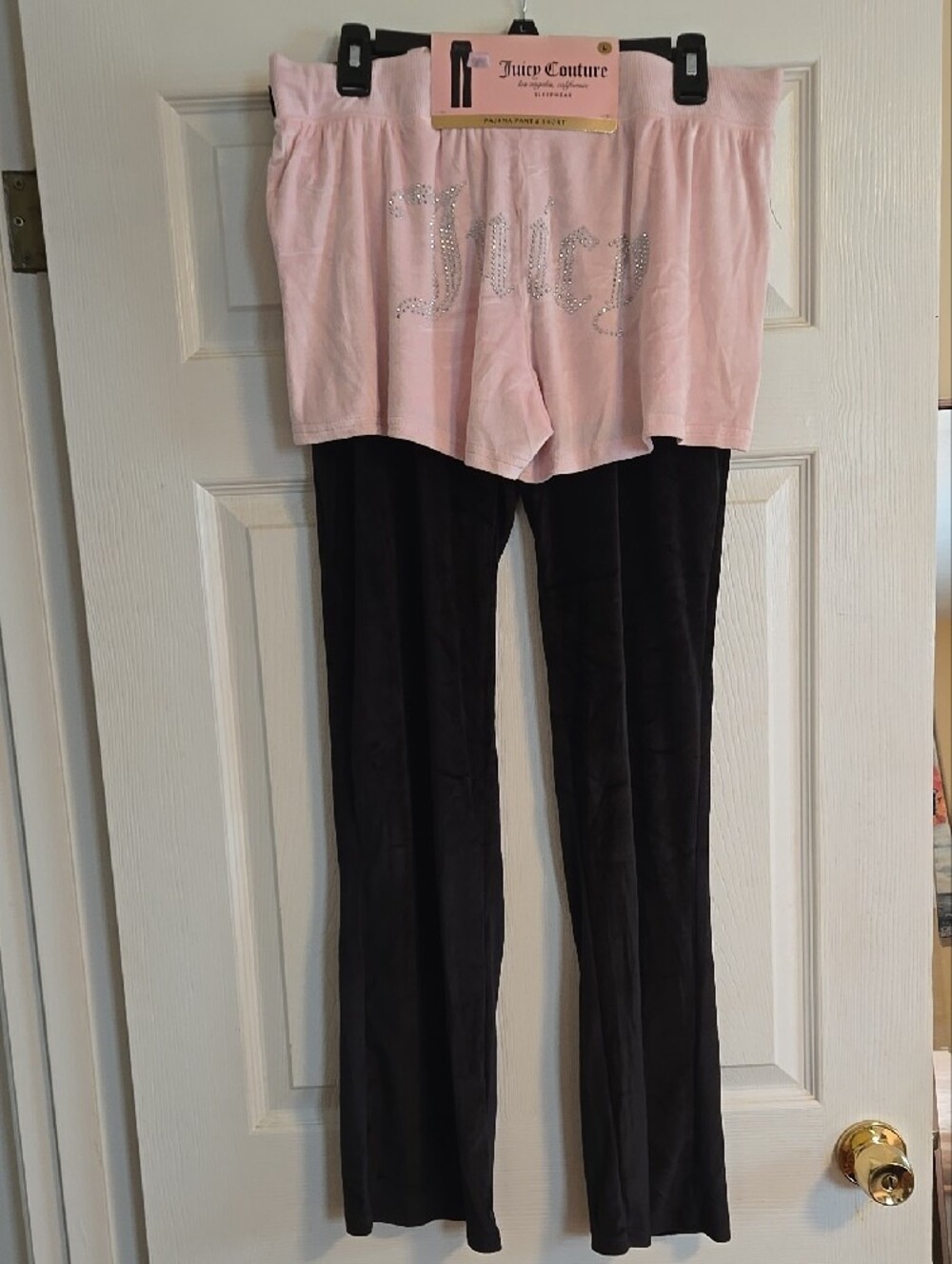 Juicy Couture SET Black Velour Joggers & Pink Shorts Rhinestone Juicy Logo Sz L